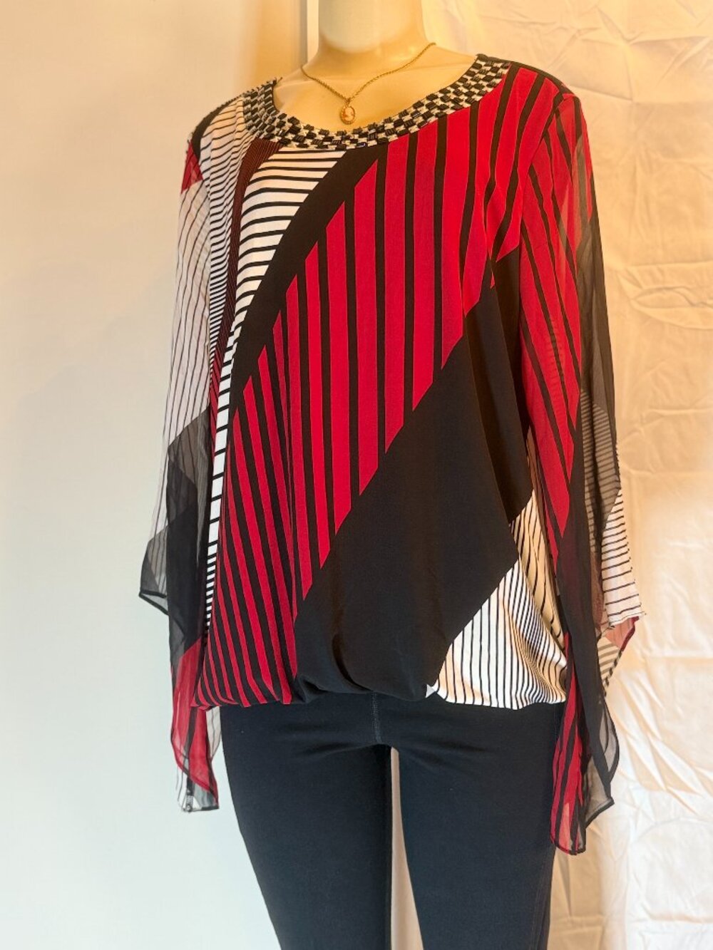 Alfani Sheer Sleeve Red black Metallic studded Collar Blouse Women's L